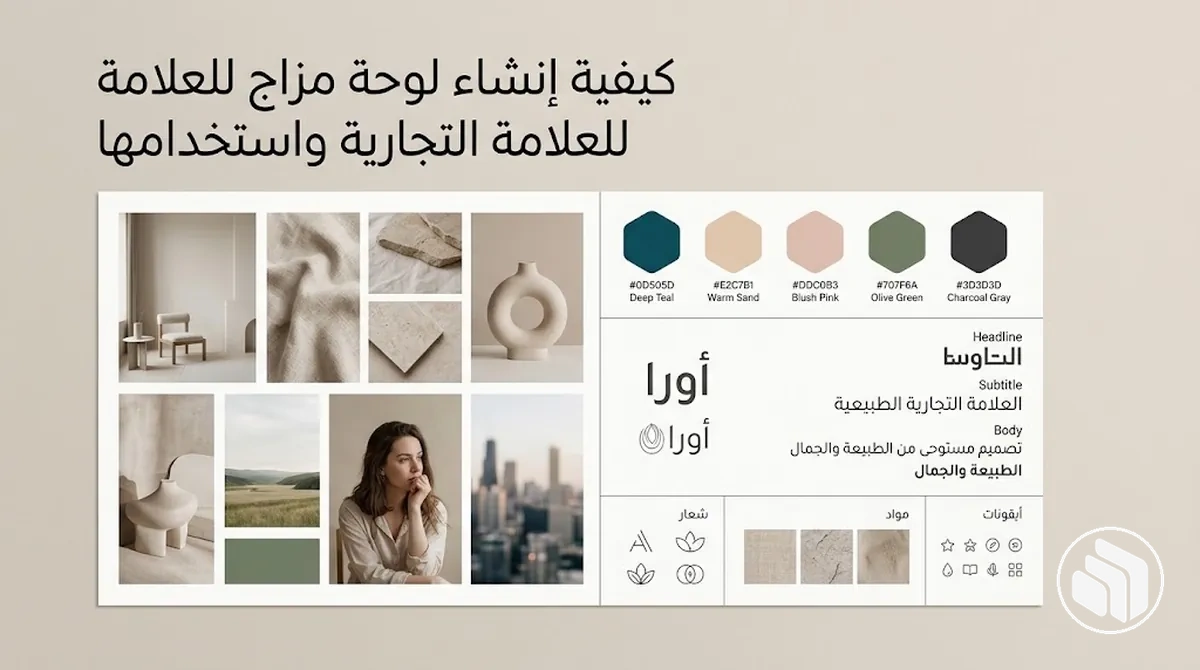 لوحة مزاج للعلامة التجارية تتضمن ألوانًا وخطوطًا وصورًا متناسقة