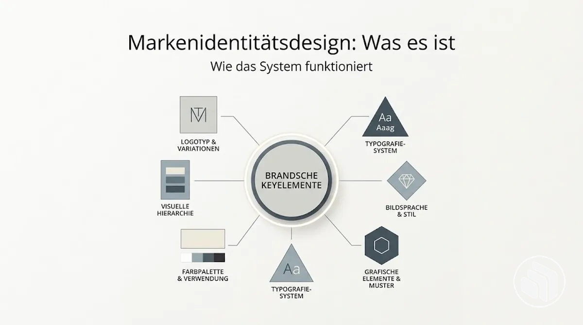 Diagramm mit den zentralen Elementen eines Systems für Markenidentitätsdesign