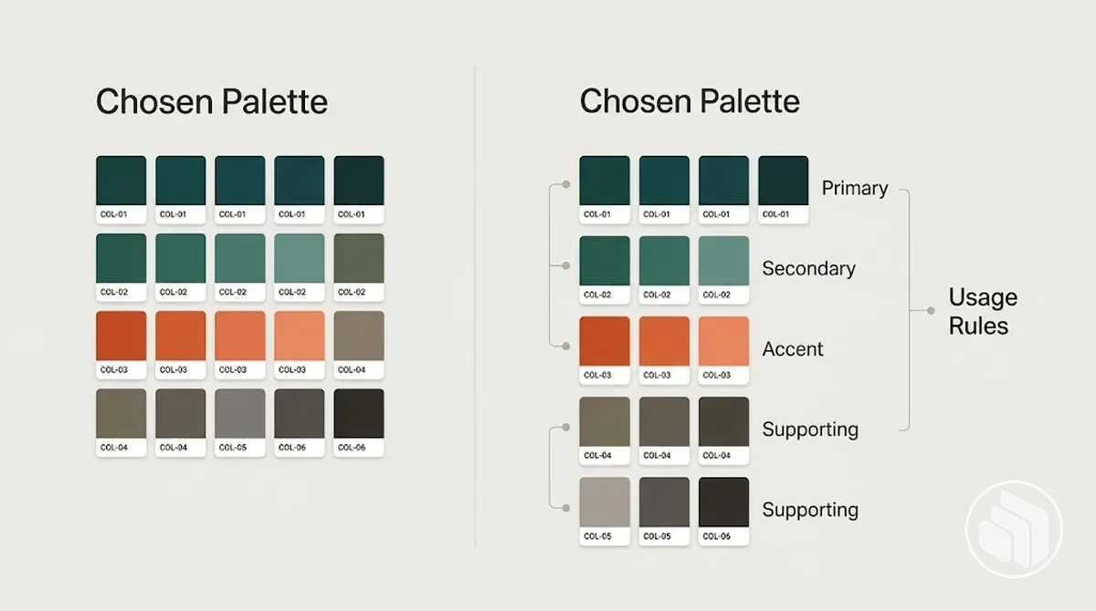 Vergleich einer ausgewählten Markenfarbpalette mit denselben Farben, organisiert in funktionale Rollen und Hierarchie