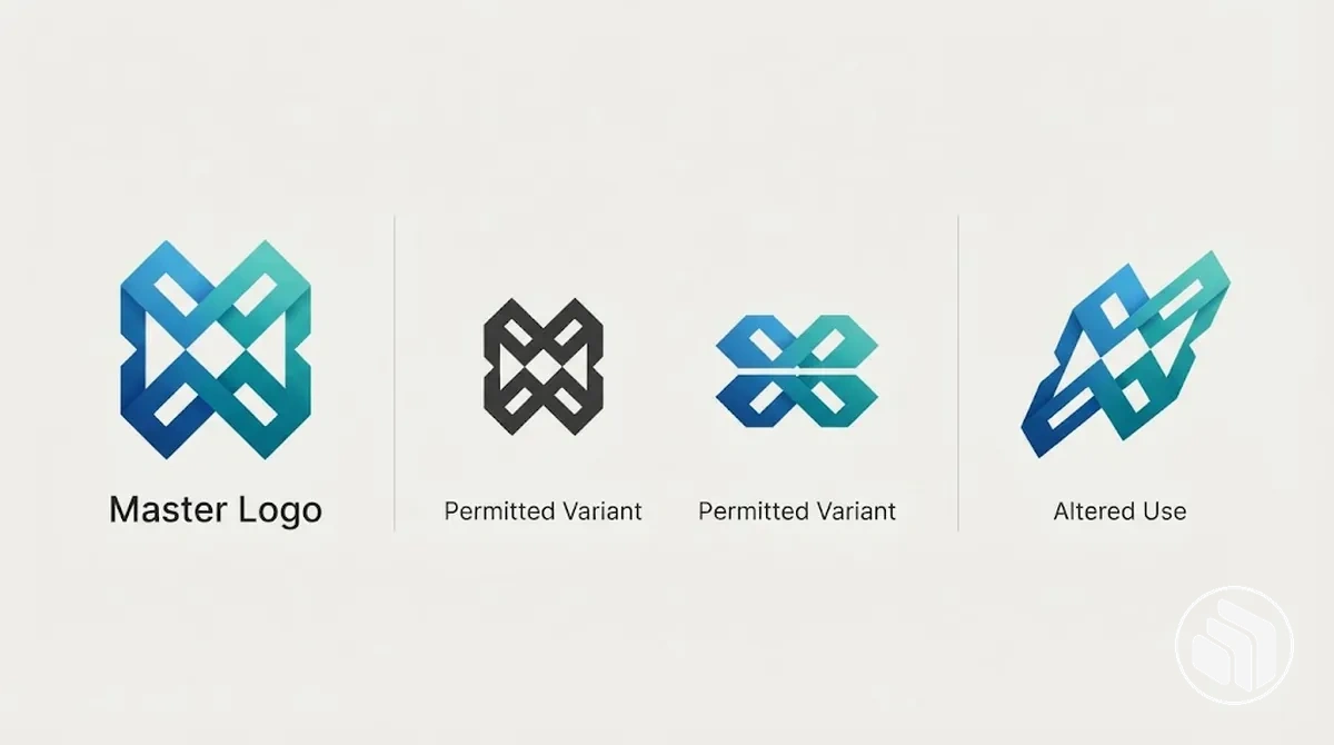 Freigegebenes Master-Logo und zulässige Varianten im Vergleich zu einer veränderten Logoanwendung