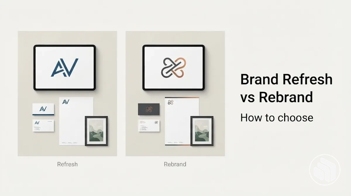 Side-by-side comparison of a brand refresh and a full rebrand