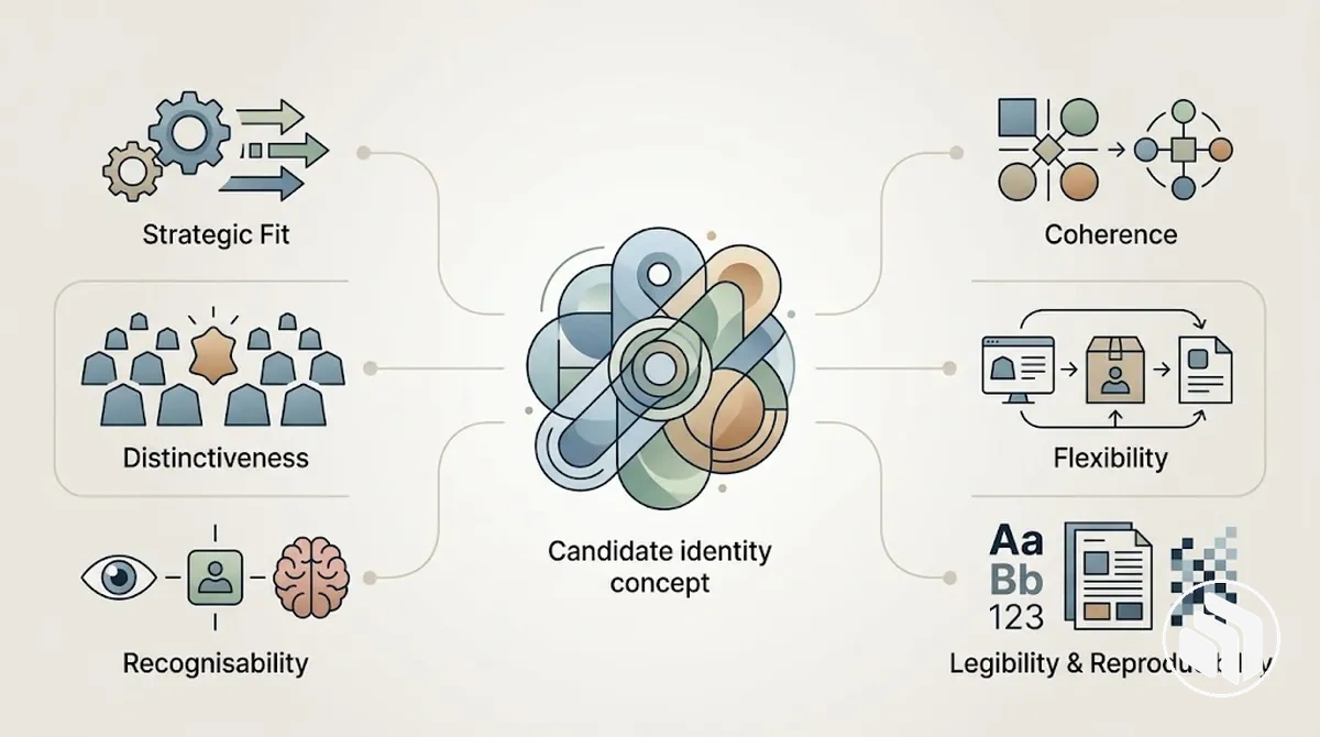 Brand identity evaluation criteria including strategic fit, distinctiveness, coherence, flexibility, and usability