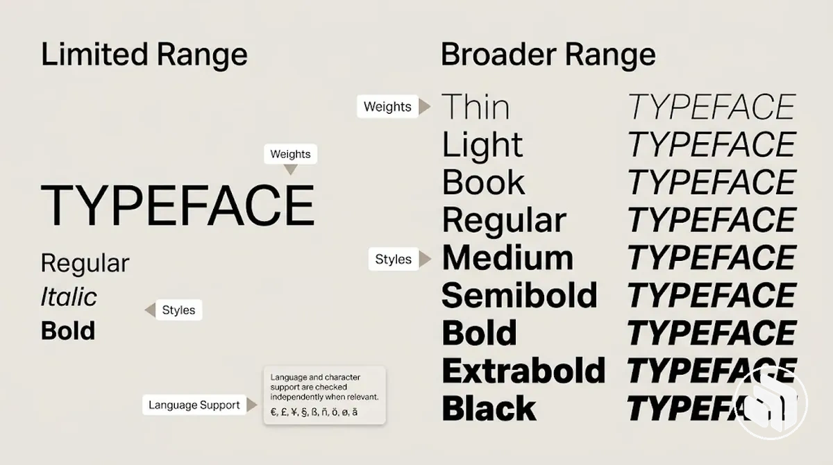Typeface family range comparison showing available weights, styles, and flexibility for brand use.
