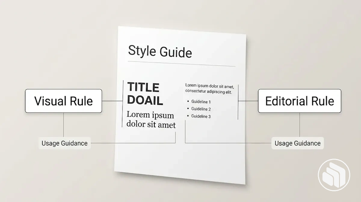 Style guide document page with visual and editorial rule annotations showing specific usage guidance