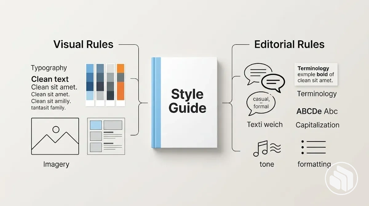 Style guide showing visual and editorial rule families for consistent application