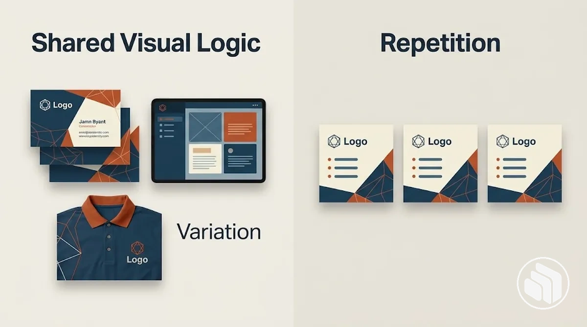 Comparison showing shared brand visual logic across varied applications versus identical repetition.