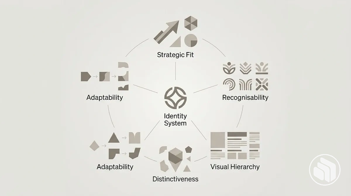 Diagram showing connected principles that support a coherent brand identity system.