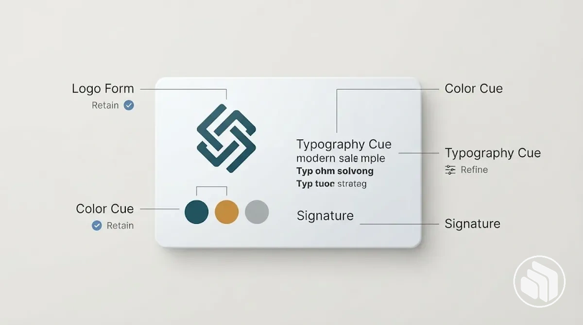 Annotated brand identity example highlighting recognizable assets that may be preserved or carefully refined during a refresh.
