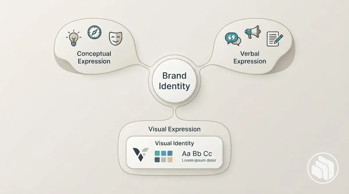 Diagram of conceptual, verbal, and visual components within brand identity
