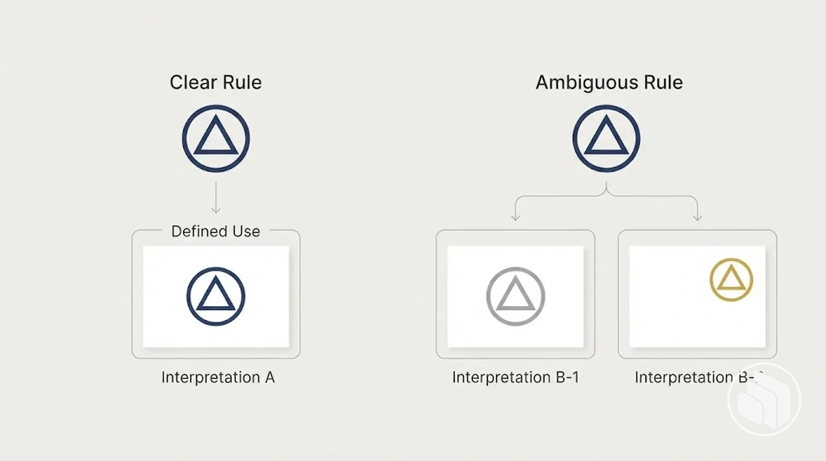 Annotated example comparing clear and ambiguous brand identity rules and their resulting interpretations.