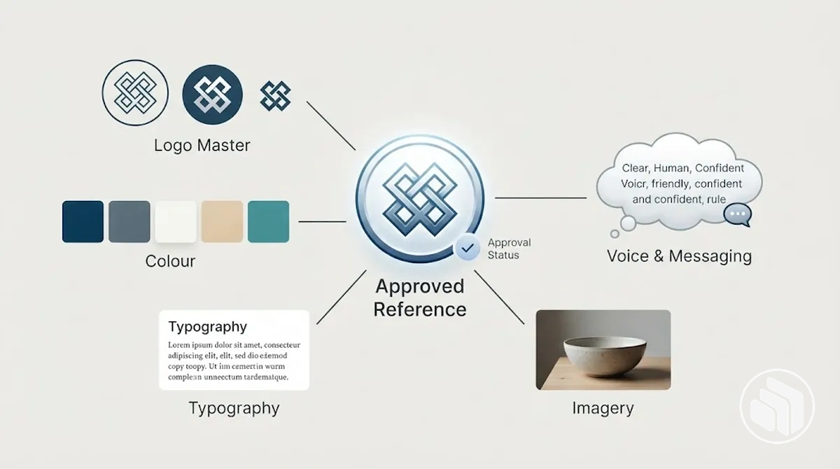 Diagram of an approved brand identity reference standard linking logo, colour, typography, imagery, and messaging rules.