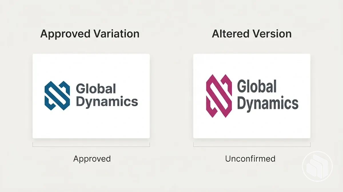 Comparison of an approved brand variation with an altered or outdated version.