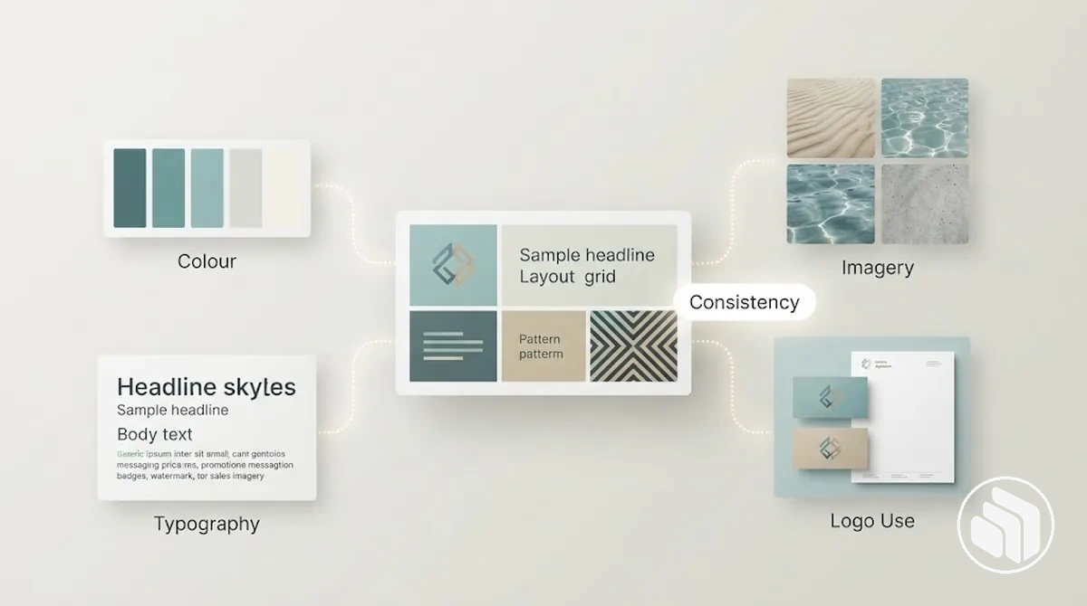 Colour, typography, logo use, and imagery shown as interconnected visual identity elements