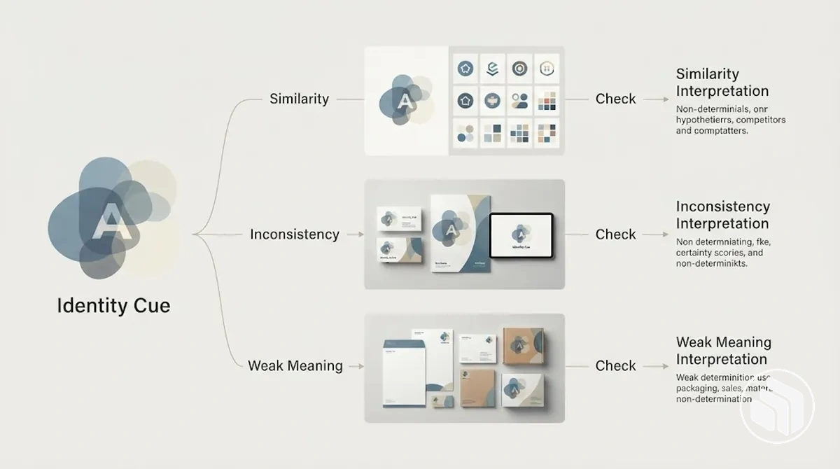 Diagram showing diagnostic branches for similarity, inconsistency, and weak brand-specific meaning in a brand identity.