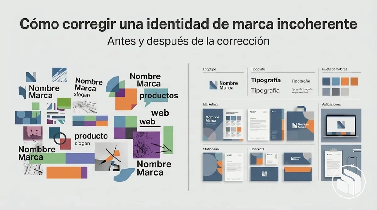 Comparación antes y después de corregir una identidad de marca incoherente