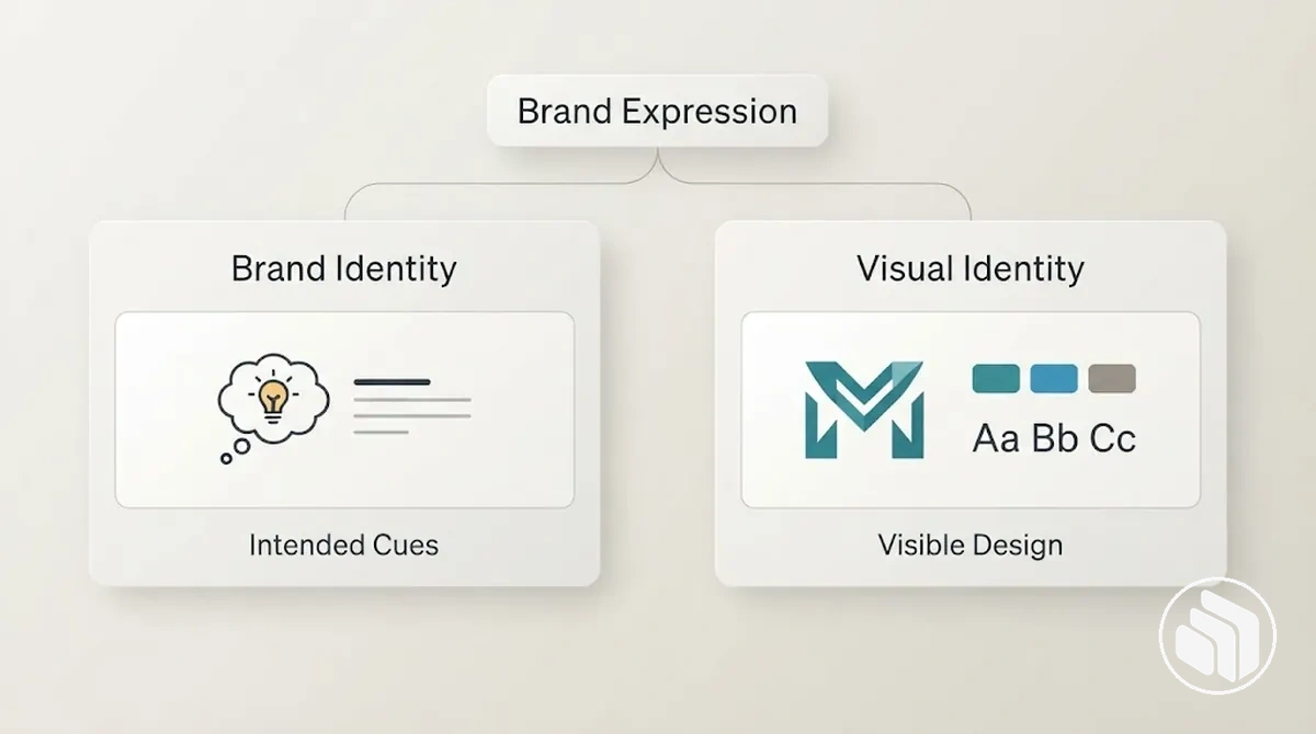 Gráfico comparativo que muestra las distintas funciones de la identidad de marca y la identidad visual en la expresión de marca