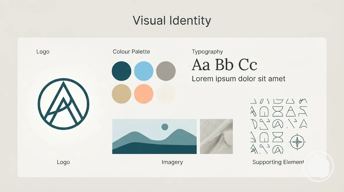 Ejemplo anotado de identidad visual que muestra logotipo, paleta de colores, tipografía, imágenes y elementos de apoyo