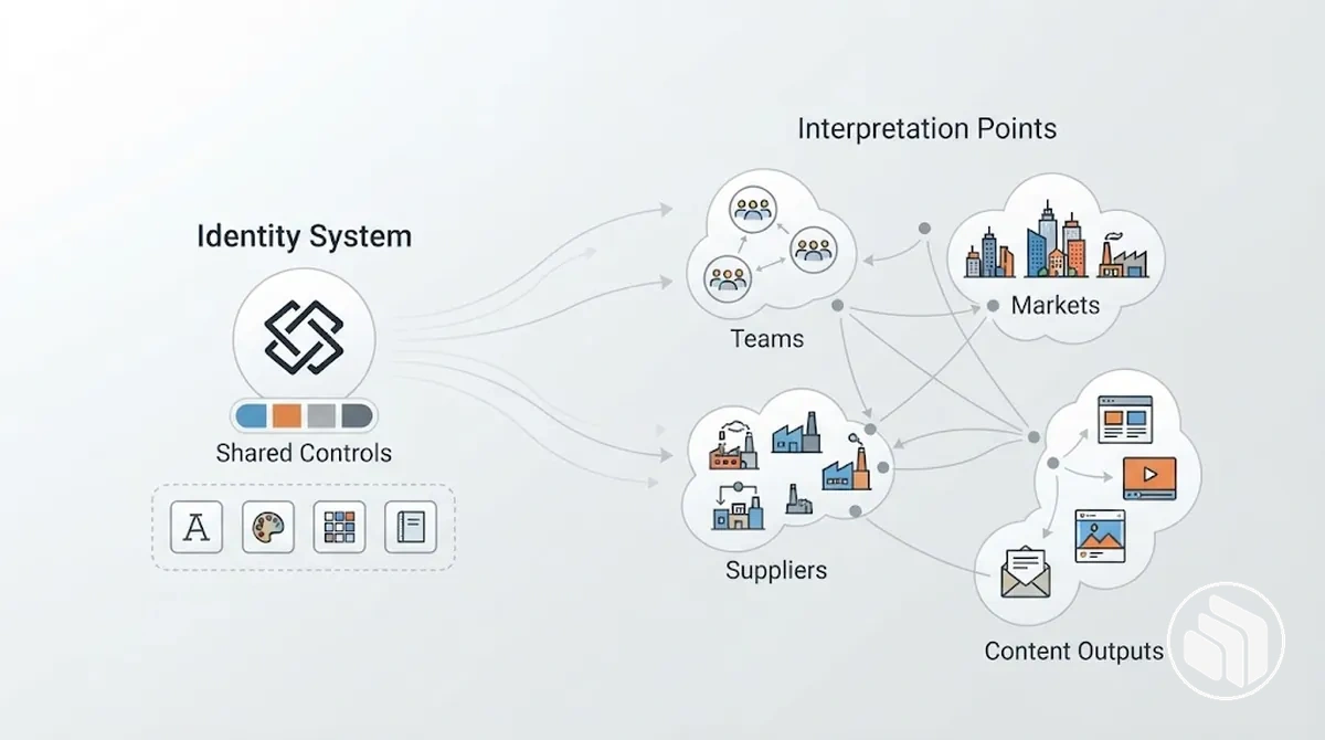 Diagrama que muestra el crecimiento organizativo superando los controles que mantienen la coherencia de la identidad de marca.