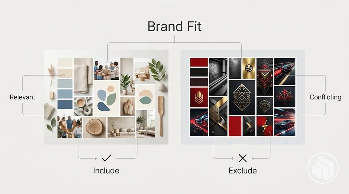 Referencias visuales comparadas según la adecuación a la marca y los criterios de selección de moodboard