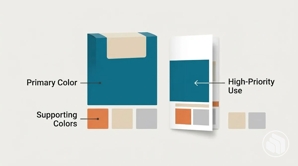 Ejemplo anotado de colores de marca que muestra el color primario como rol principal de identificación con colores de apoyo subordinados