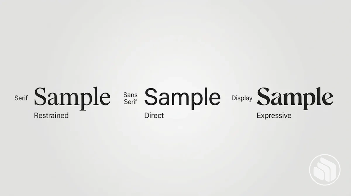 Estilos de tipografía serif, sans serif y para titulares comparados para diferentes tonos y usos de marca.