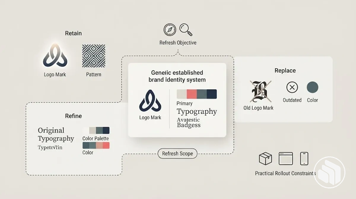 Diagrama de planificación de actualización de marca que muestra activos de identidad que conservar, refinar o reemplazar según el reconocimiento y el ajuste actual.