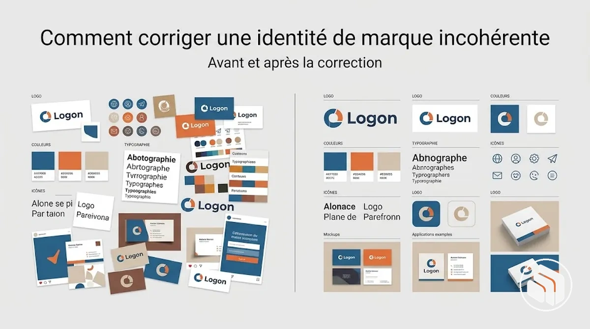 Vue avant et après la correction d’une identité de marque incohérente