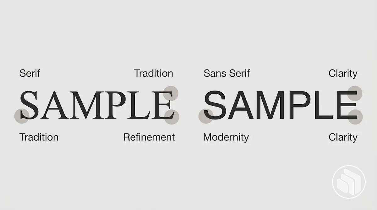 Comparaison des polices serif et sans serif montrant les différences visuelles et les associations courantes de tonalité de marque.