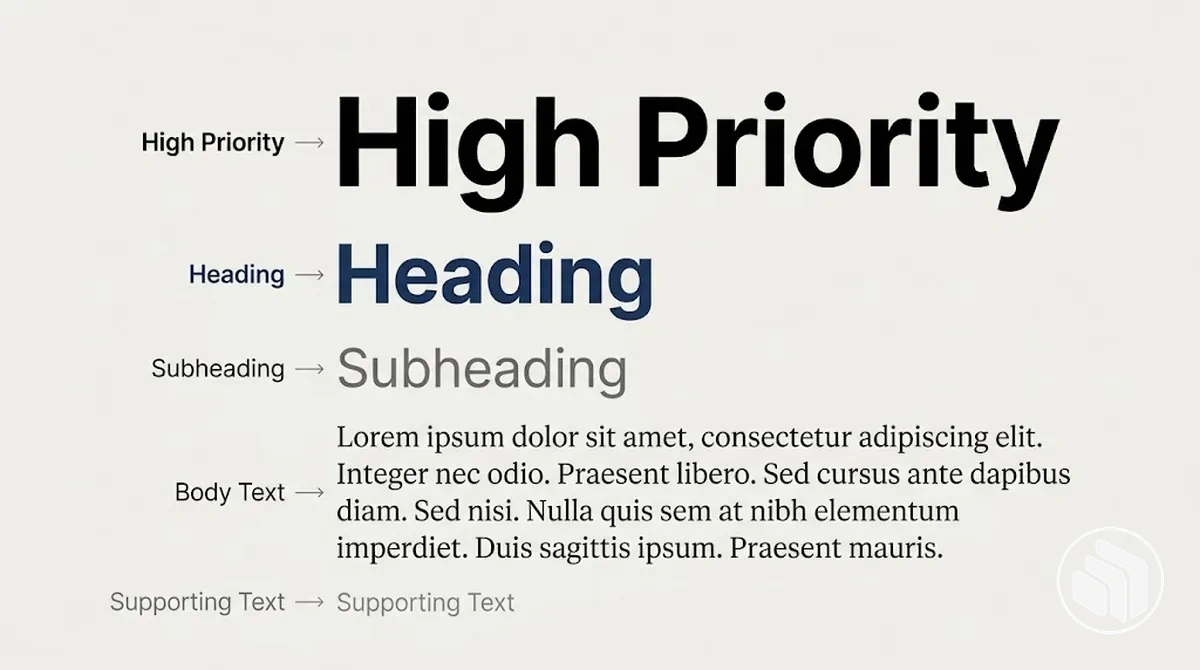Hiérarchie typographique annotée montrant la priorité de l’information selon la taille, la graisse et l’espacement