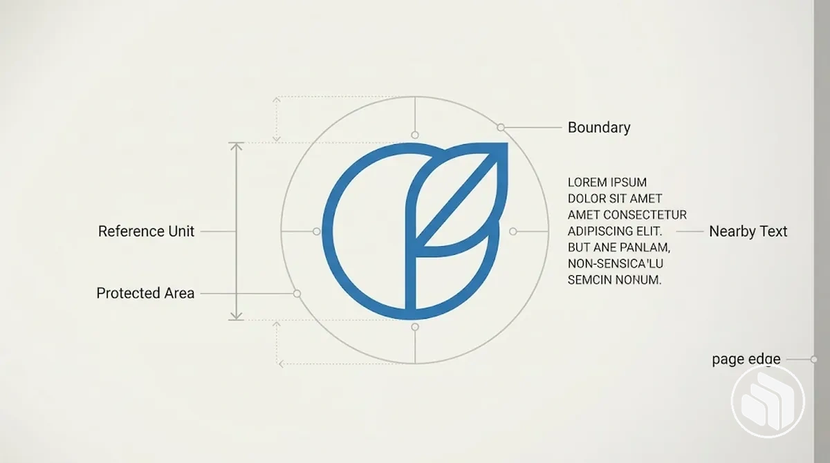 Exemple annoté d’espacement libre du logo montrant une unité de référence proportionnelle et une zone protégée