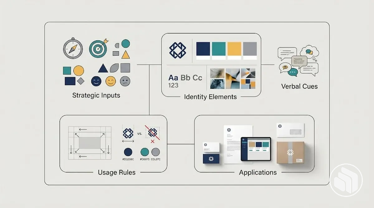 Périmètre du système de design d’identité de marque montrant les intrants stratégiques, les éléments d’identité, les règles d’usage et les applications
