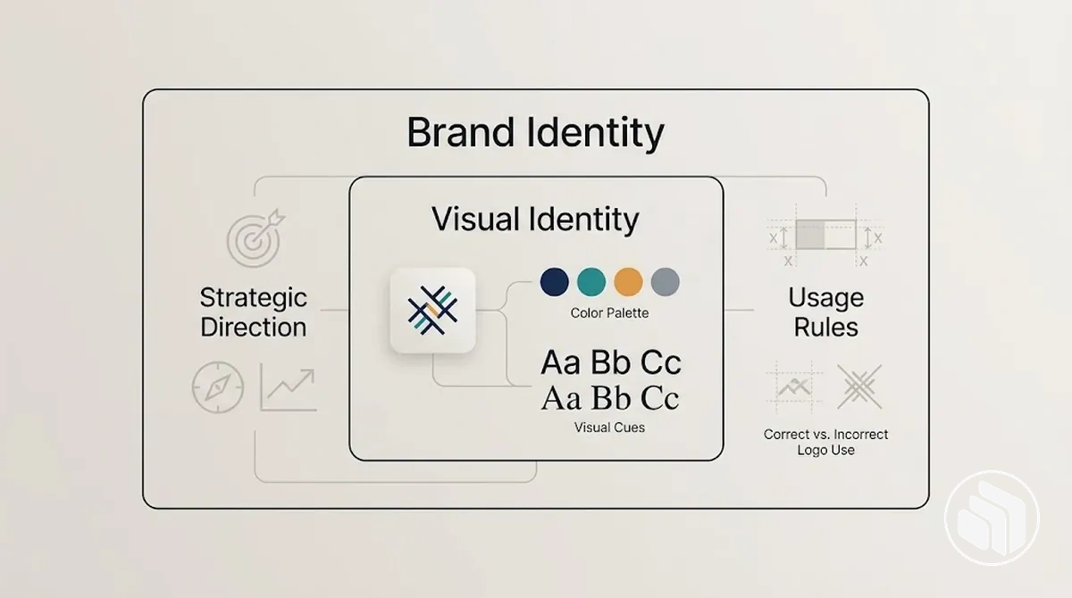 Graphique comparatif montrant l’identité visuelle comme expression visuelle du système d’identité de marque plus large