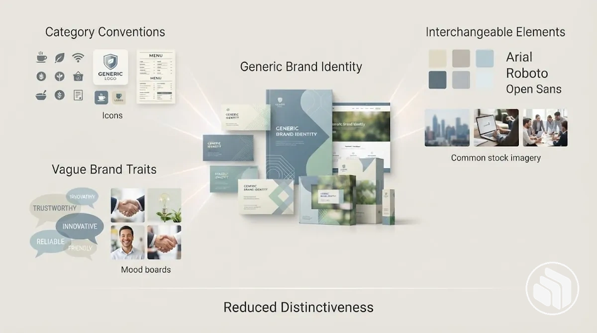 Schéma montrant comment plusieurs choix de design indifférenciés peuvent se combiner pour réduire le caractère distinctif d’une identité de marque.