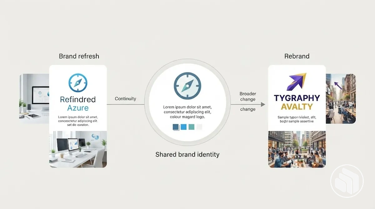 Graphique de comparaison montrant l’ampleur plus restreinte d’un rafraîchissement de marque et l’ampleur plus large d’un rebranding