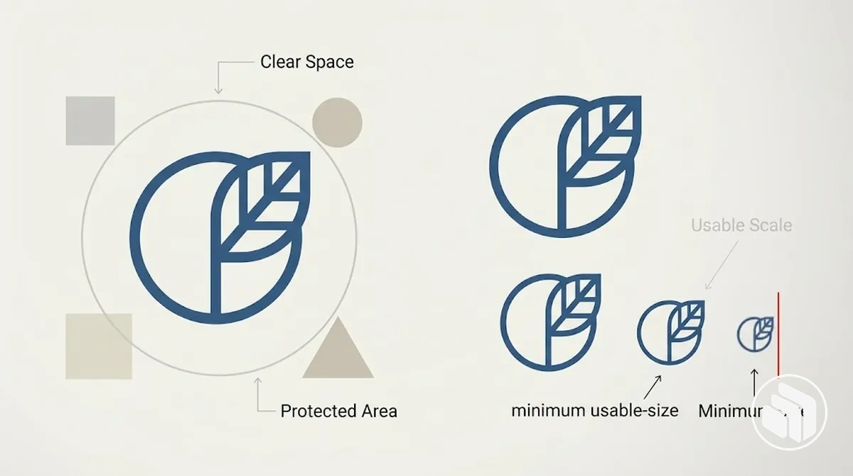 Diagramme comparant l’espacement libre du logo et la taille minimale lisible comme règles d’utilisation distinctes