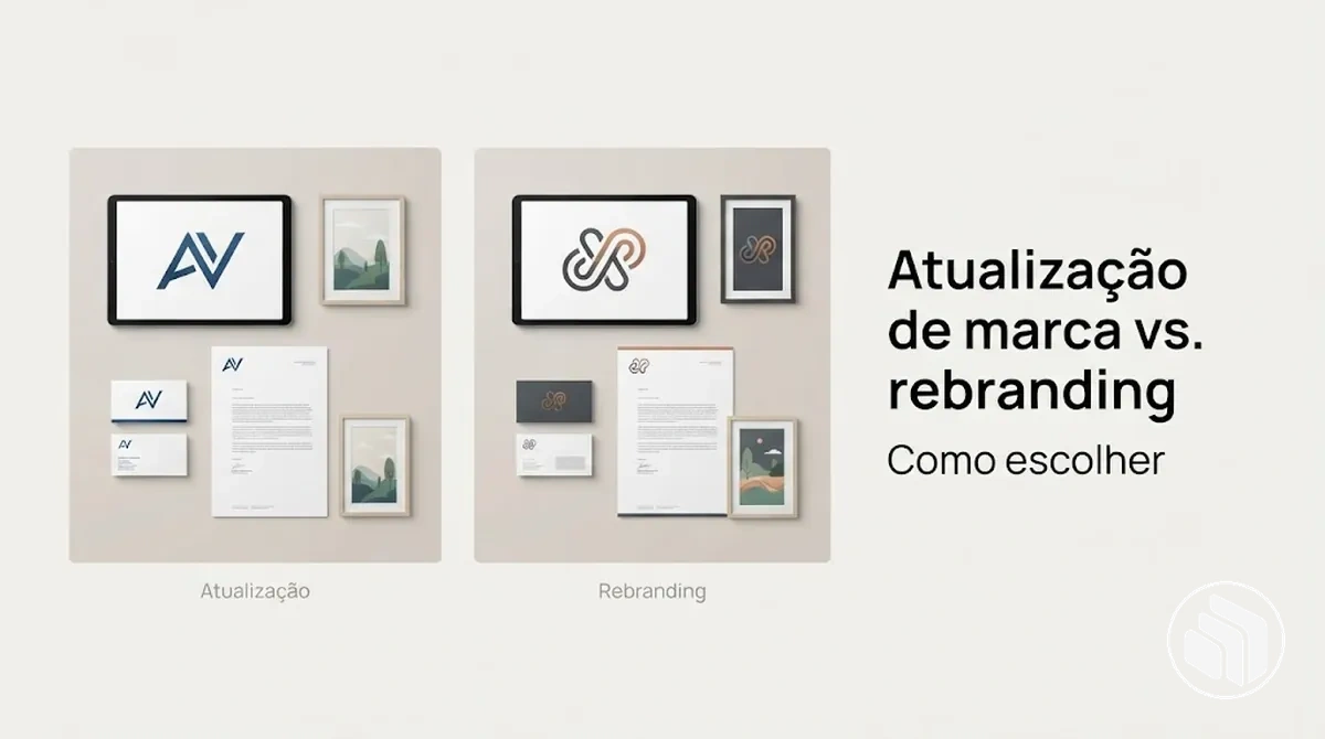 Comparação lado a lado entre uma atualização de marca e um rebranding completo