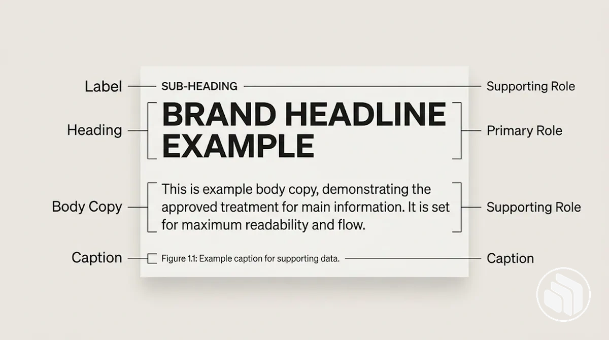 Layout de marca anotado mapeando títulos, texto corrido, rótulos e legendas para funções tipográficas aprovadas