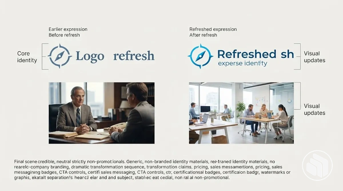 Exemplo anotado de atualização de marca mostrando expressão visual atualizada com continuidade da identidade central