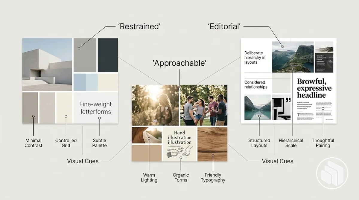 Moodboard anotado mostrando qualidades visuais conectadas a imagens, composição, cor e pistas tipográficas