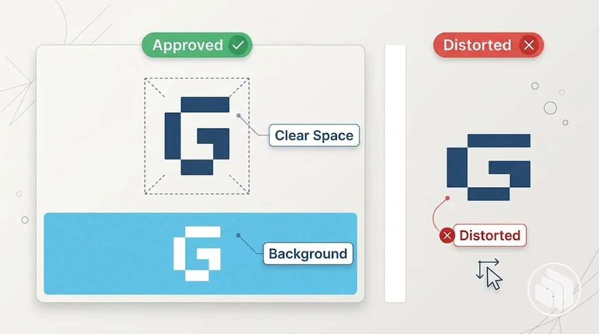 Exemplo anotado de uso do logotipo mostrando área de respiro, fundo e alteração proibida