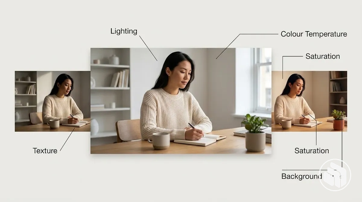 Mesmo assunto mostrando iluminação coordenada, tratamento de cor e textura de superfície dentro de um estilo de imagens