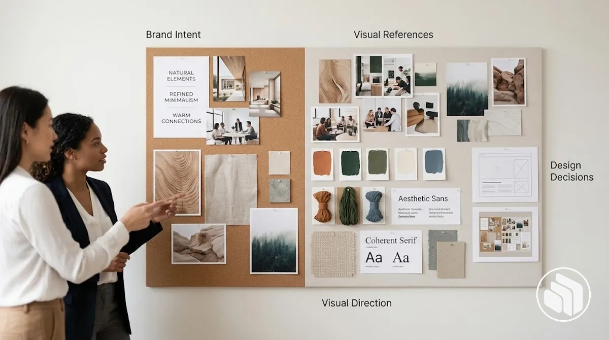 Moodboard de marca mostrando referências visuais coordenadas para o planejamento da identidade de marca