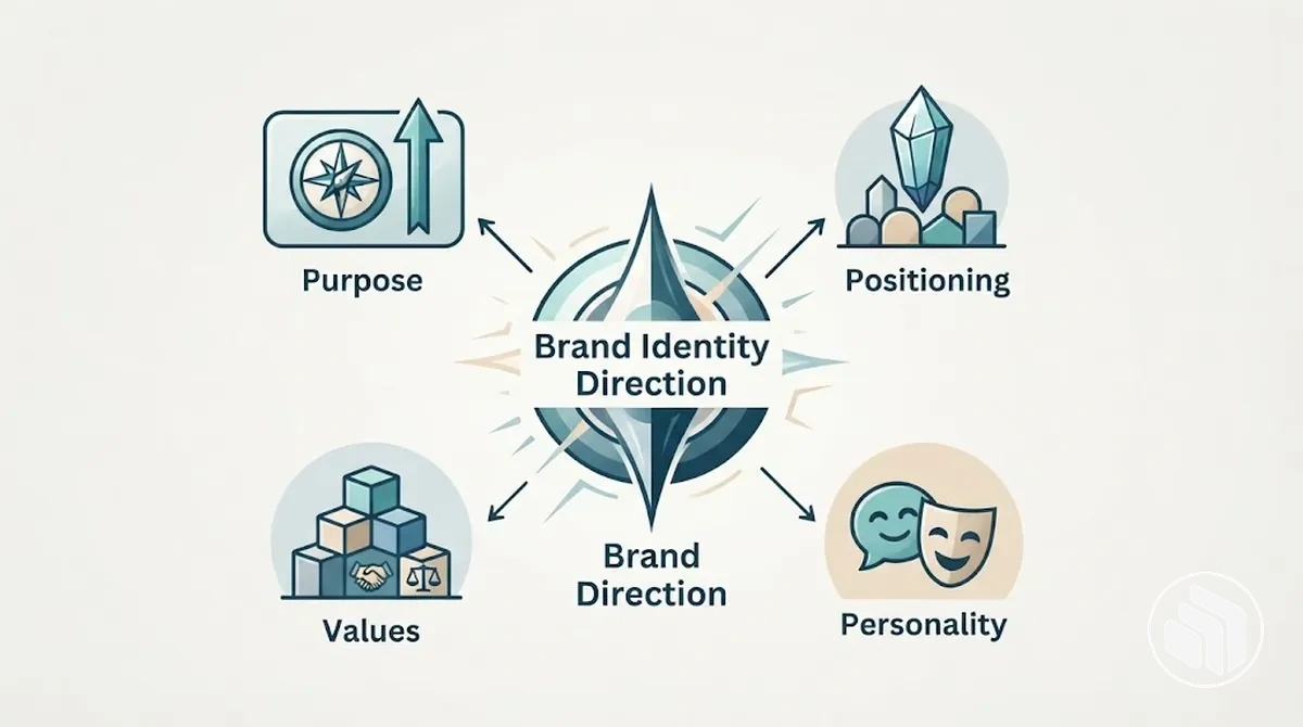 Diagrama mostrando propósito, posicionamento, valores e personalidade da marca como entradas estratégicas para a direção de identidade de marca