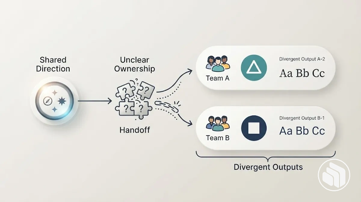 Diagrama mostrando propriedade de marca fragmentada levando diferentes equipes a interpretar a mesma identidade de forma diferente.