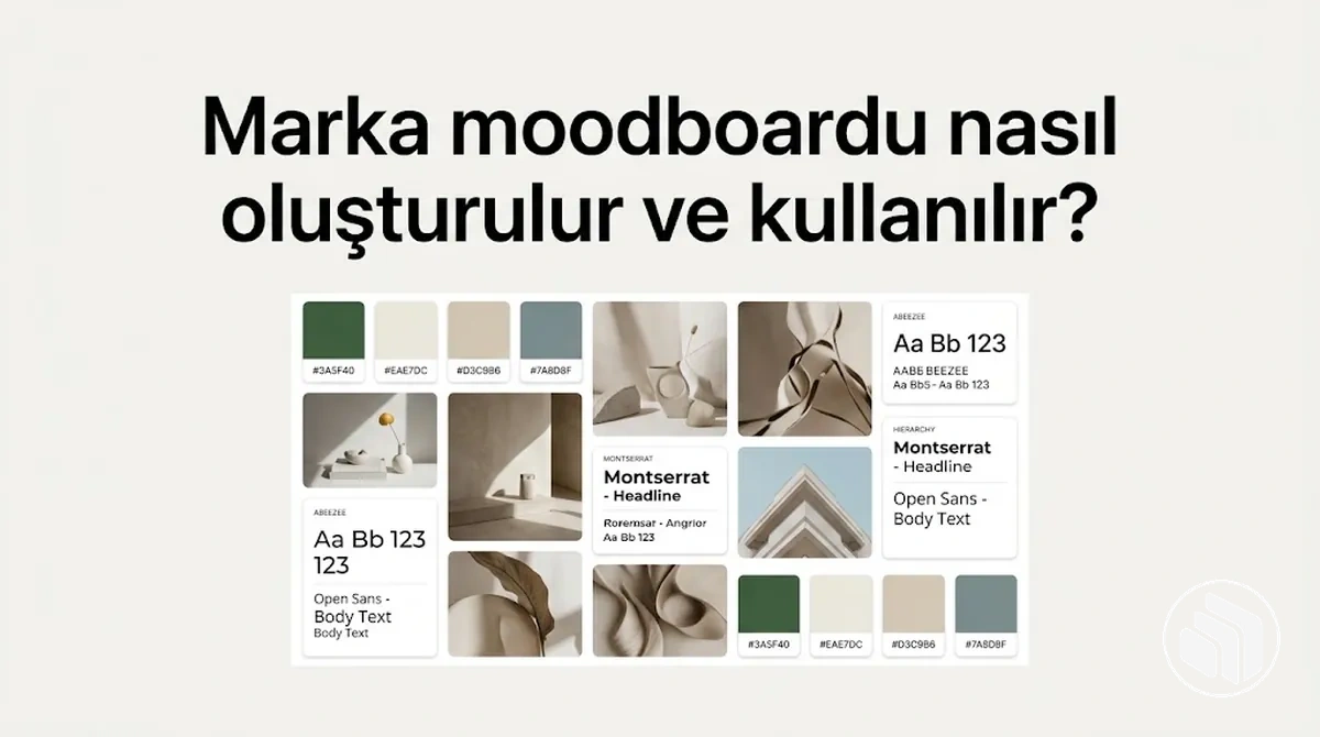 Uyumlu renkler, tipografi ve görseller içeren marka moodboardu