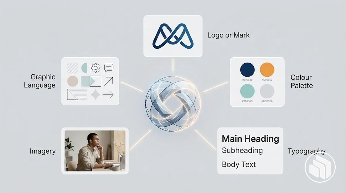 Logo, renk paleti, tipografi, görsel malzeme ve grafik dili dahil etiketli marka kimliği öğeleri
